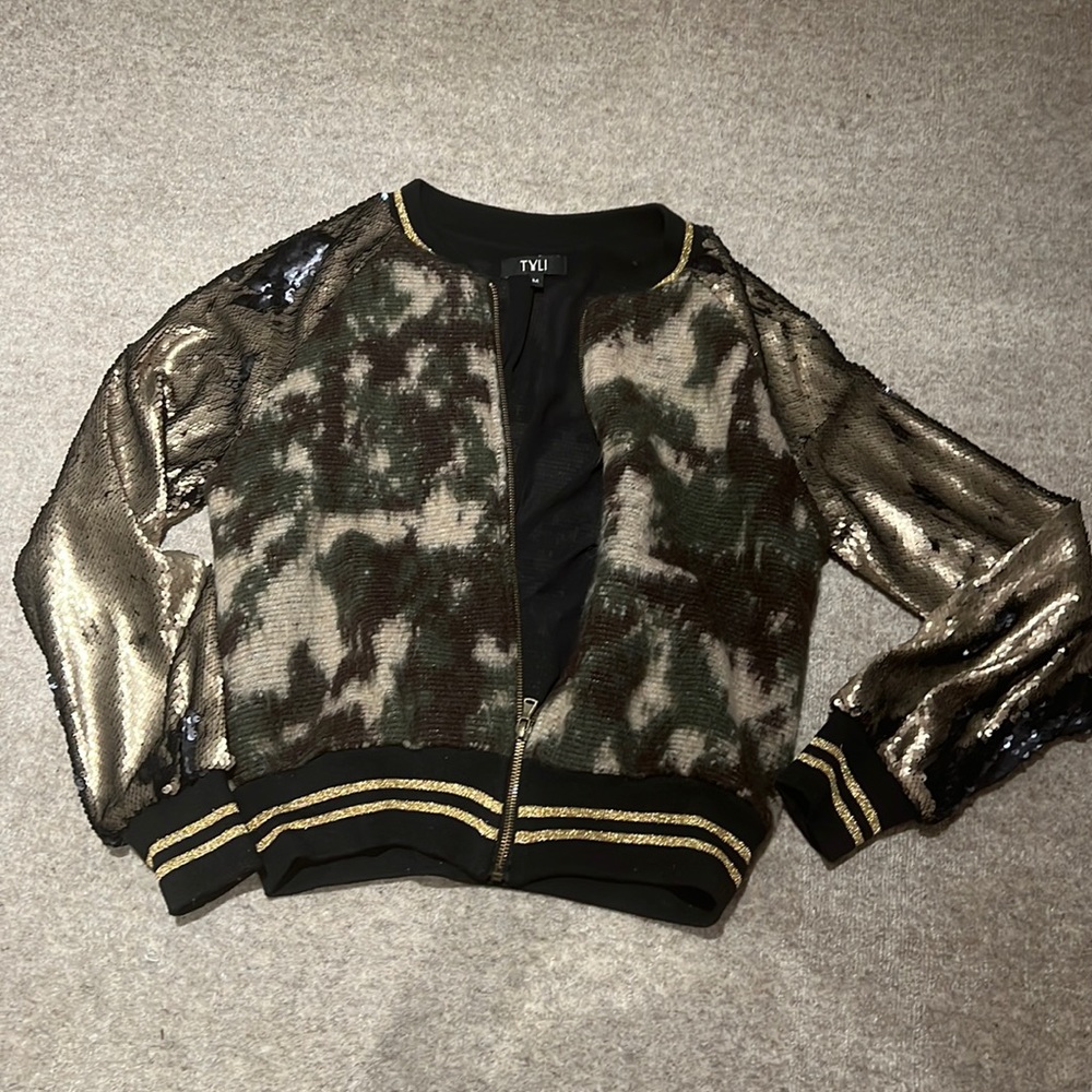TYLI bomber jacket camo and gold sequins size M